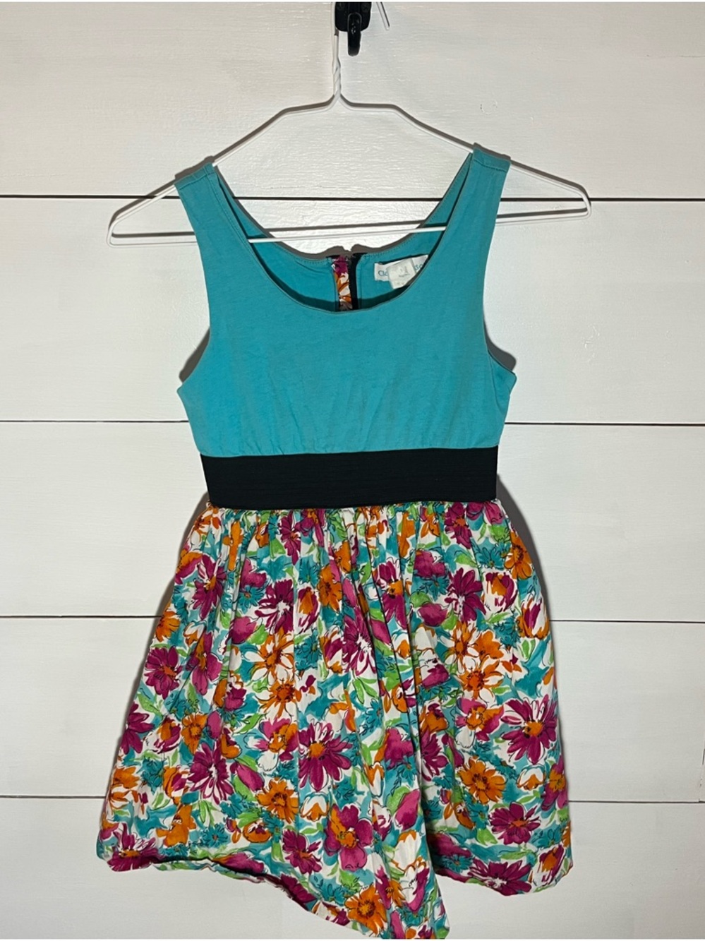 Claire Rose Girls Teal & Floral Sleeveless Dress with Black Waistband